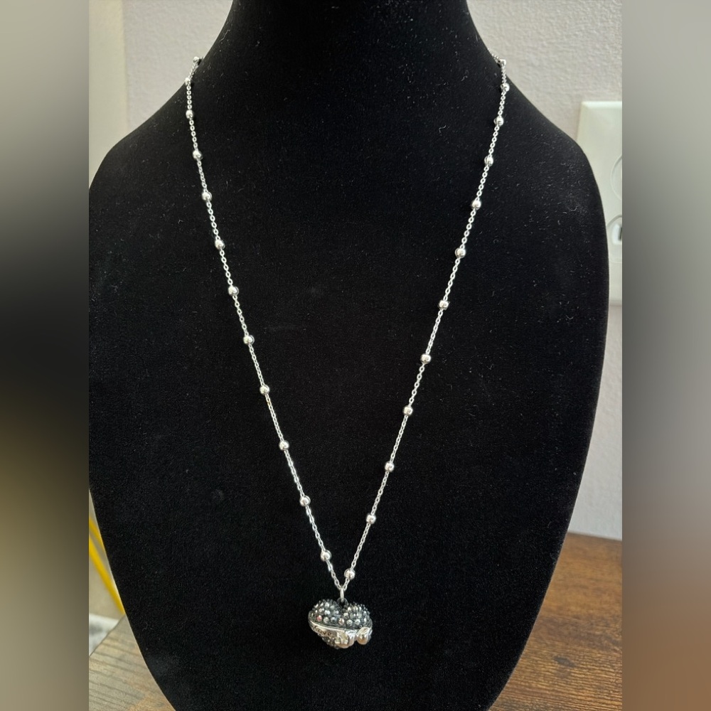 Silver Beaded Chain Black Heart Love Pendant